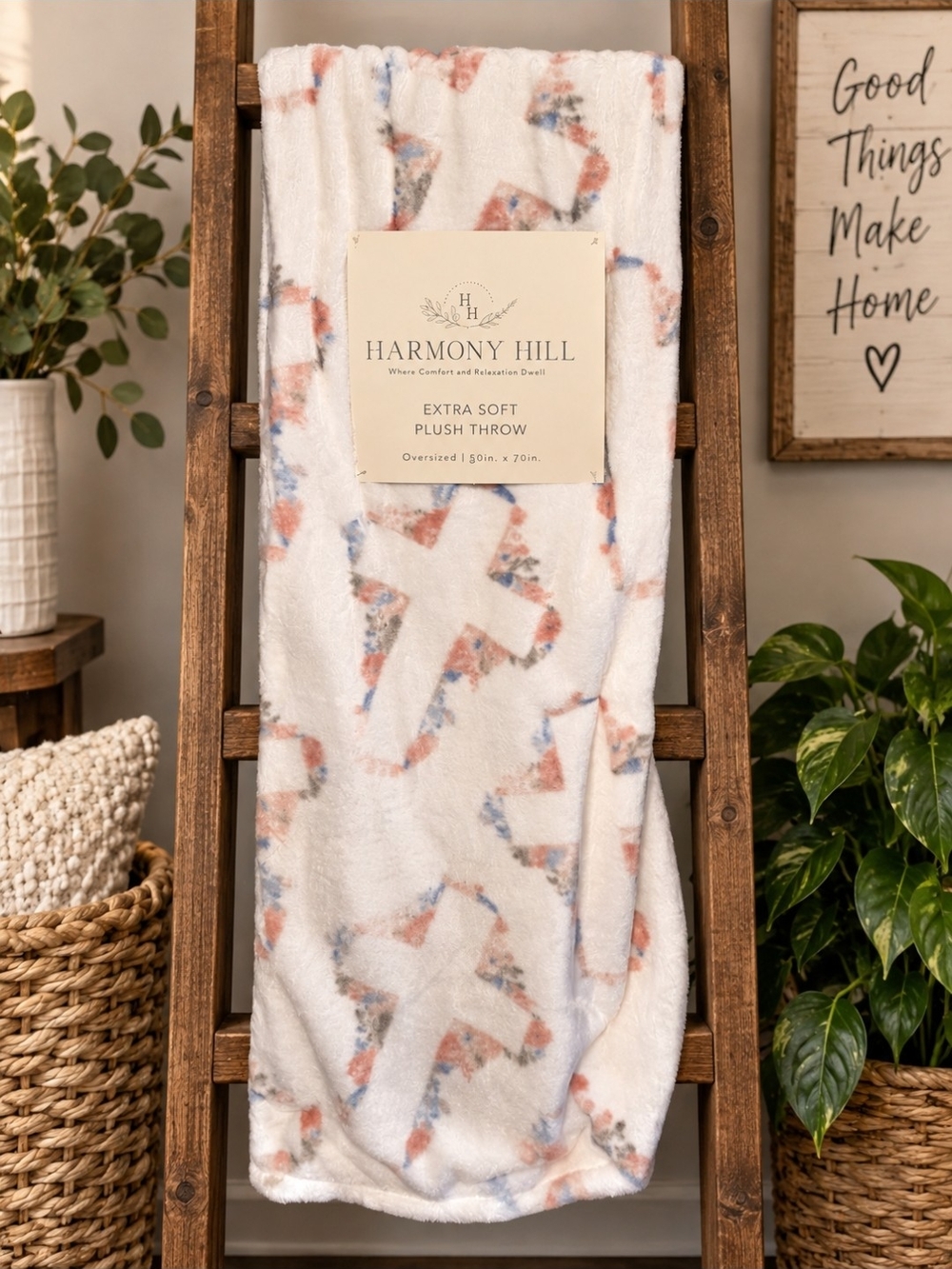 Cross Design on White Throw Blanket with Pink & Blue Floral Accents